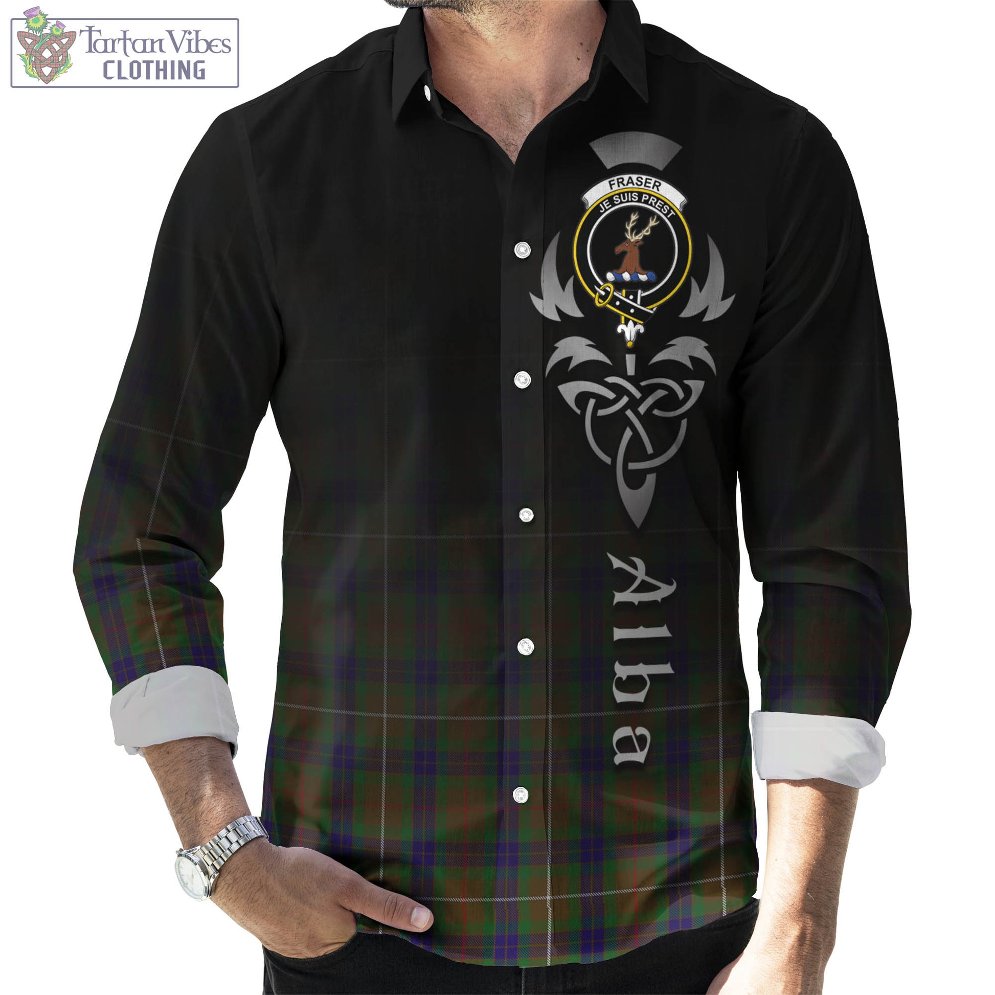 Tartan Vibes Clothing Fraser Hunting Tartan Long Sleeve Button Up Featuring Alba Gu Brath Family Crest Celtic Inspired