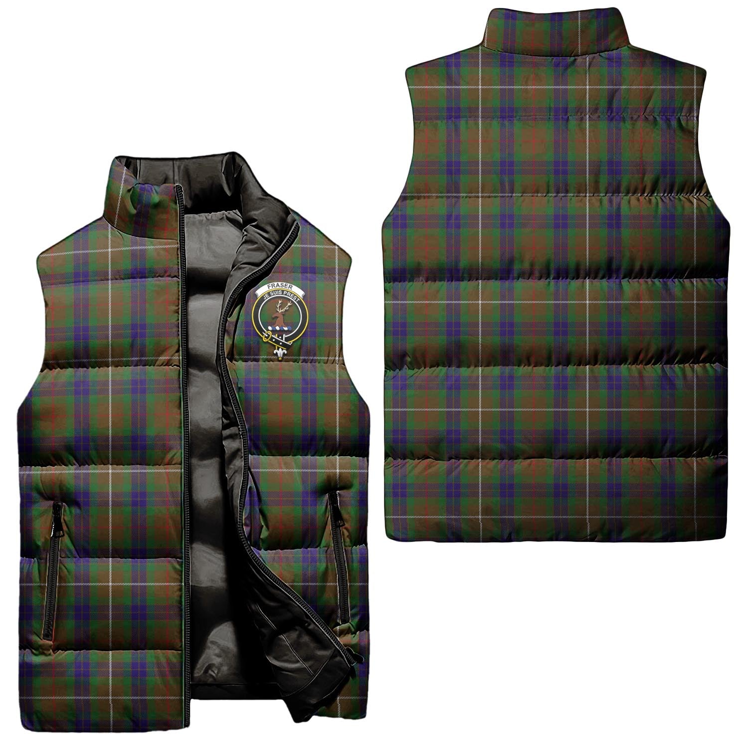 Fraser Hunting Tartan Sleeveless Puffer Jacket with Family Crest Unisex - Tartanvibesclothing