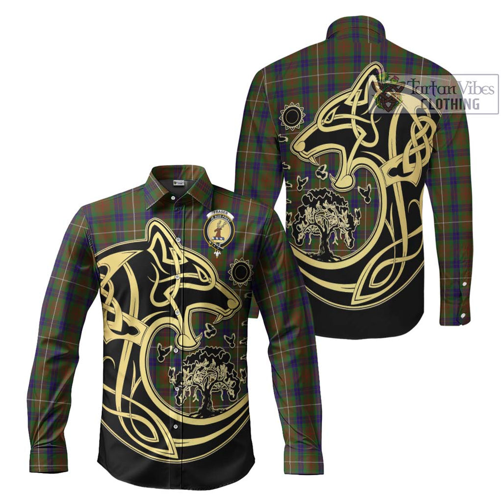 Fraser Hunting Tartan Long Sleeve Button Shirt with Family Crest Celtic Wolf Style Men's Shirt S - Tartan Vibes Clothing