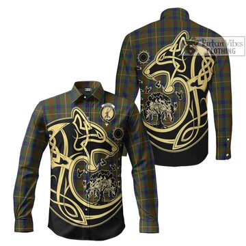 Fraser Hunting Tartan Long Sleeve Button Shirt with Family Crest Celtic Wolf Style