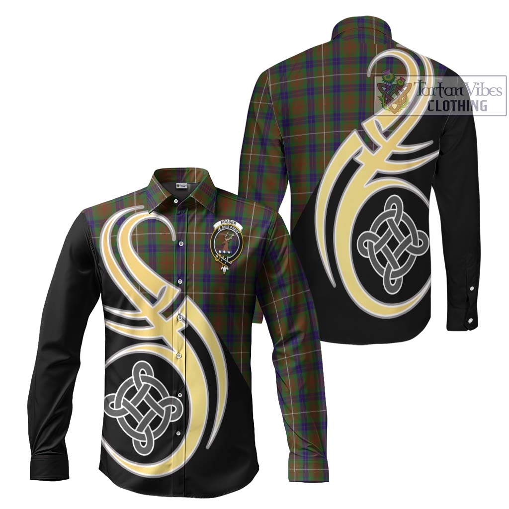 Fraser Hunting Tartan Long Sleeve Button Shirt with Family Crest and Celtic Symbol Style Men's Shirt S - Tartan Vibes Clothing