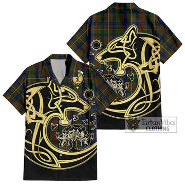 Fraser Hunting Tartan Short Sleeve Button Shirt with Family Crest Celtic Wolf Style