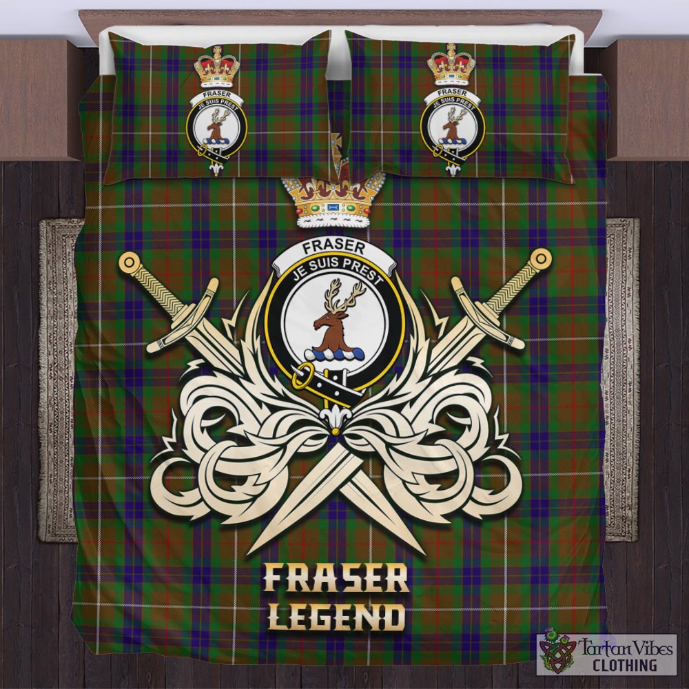 Tartan Vibes Clothing Fraser Hunting Tartan Bedding Set with Clan Crest and the Golden Sword of Courageous Legacy