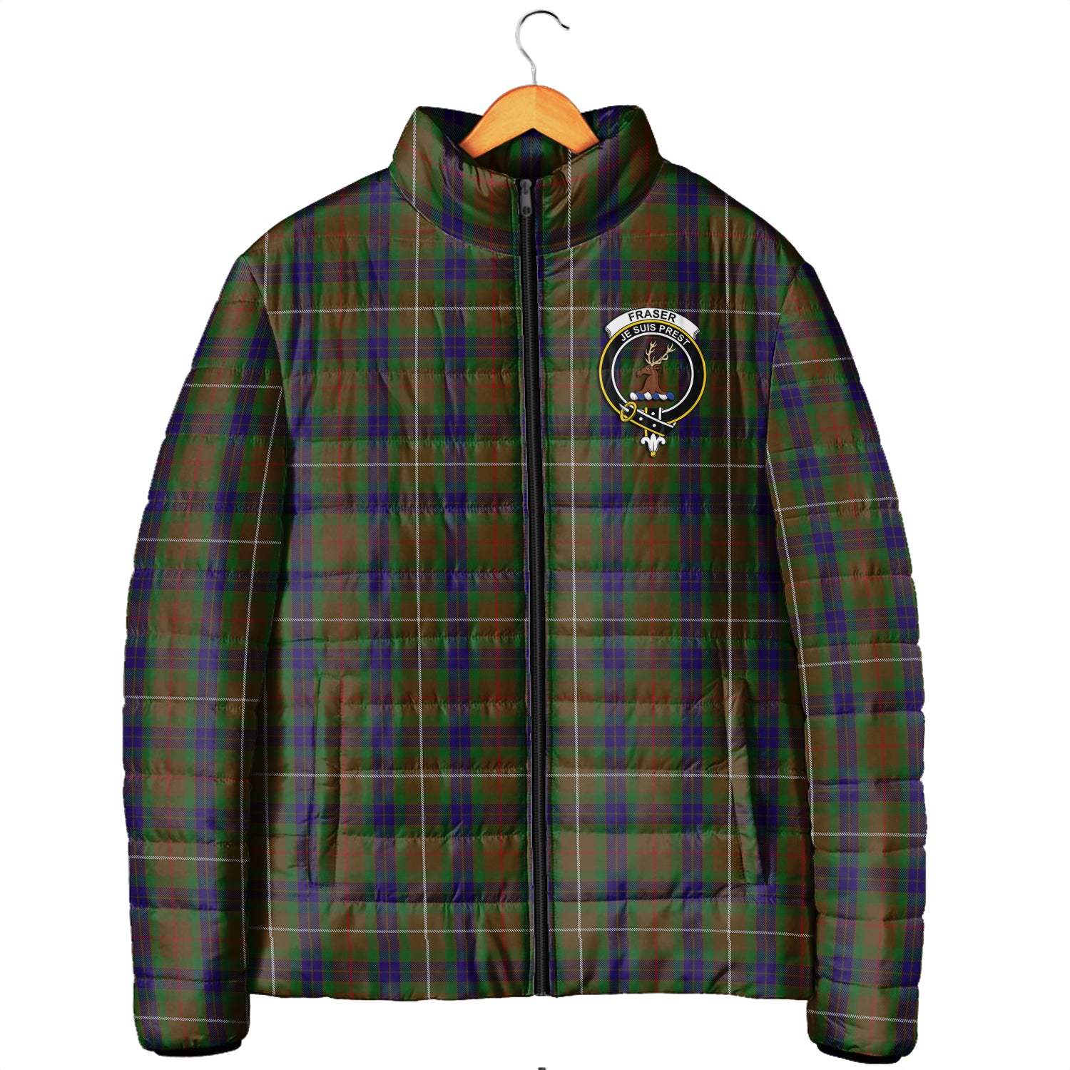 Fraser Hunting Tartan Padded Jacket with Family Crest Men's Padded Jacket - Tartan Vibes Clothing