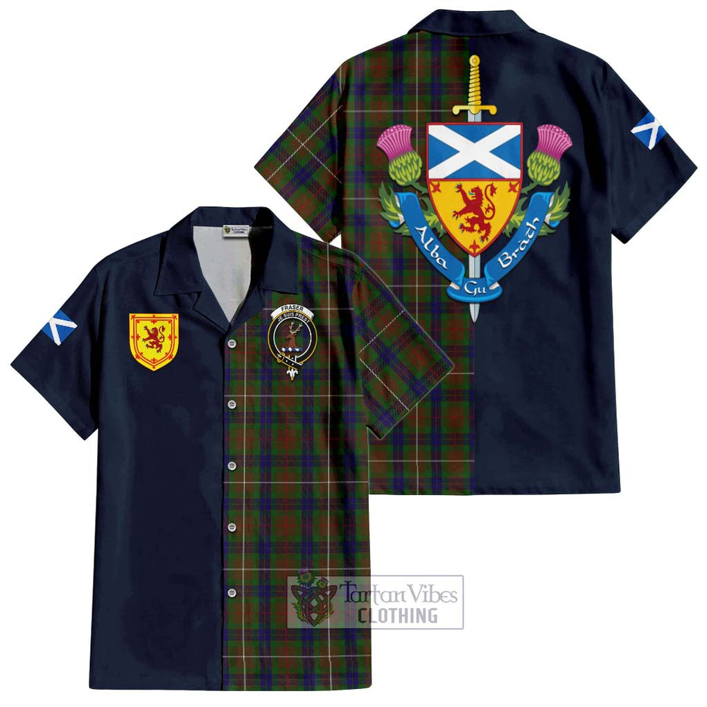 Tartan Vibes Clothing Fraser Hunting Tartan Short Sleeve Button Shirt with Scottish Lion Royal Arm Half Style