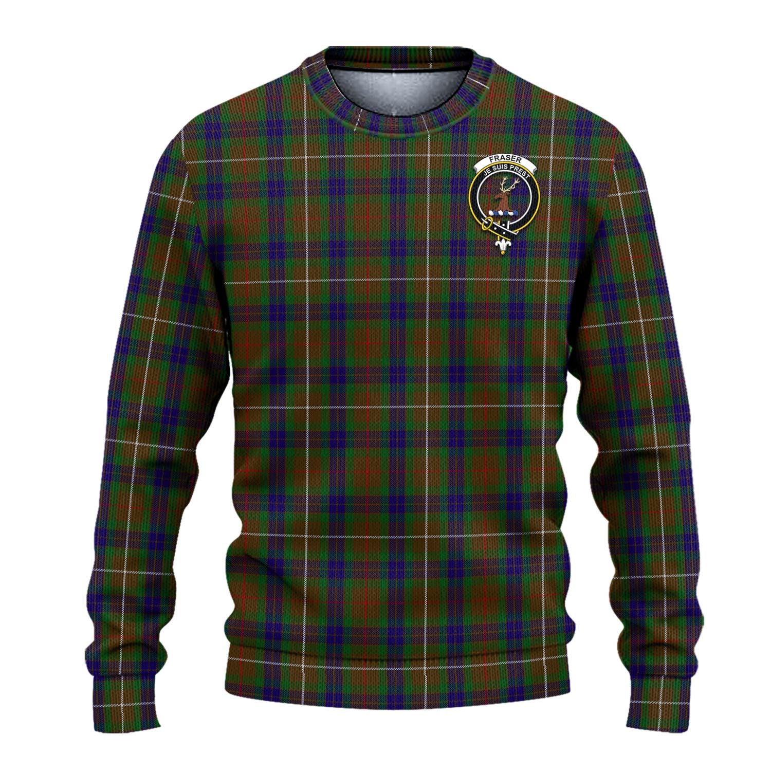 Fraser Hunting Tartan Knitted Sweater with Family Crest - Tartanvibesclothing