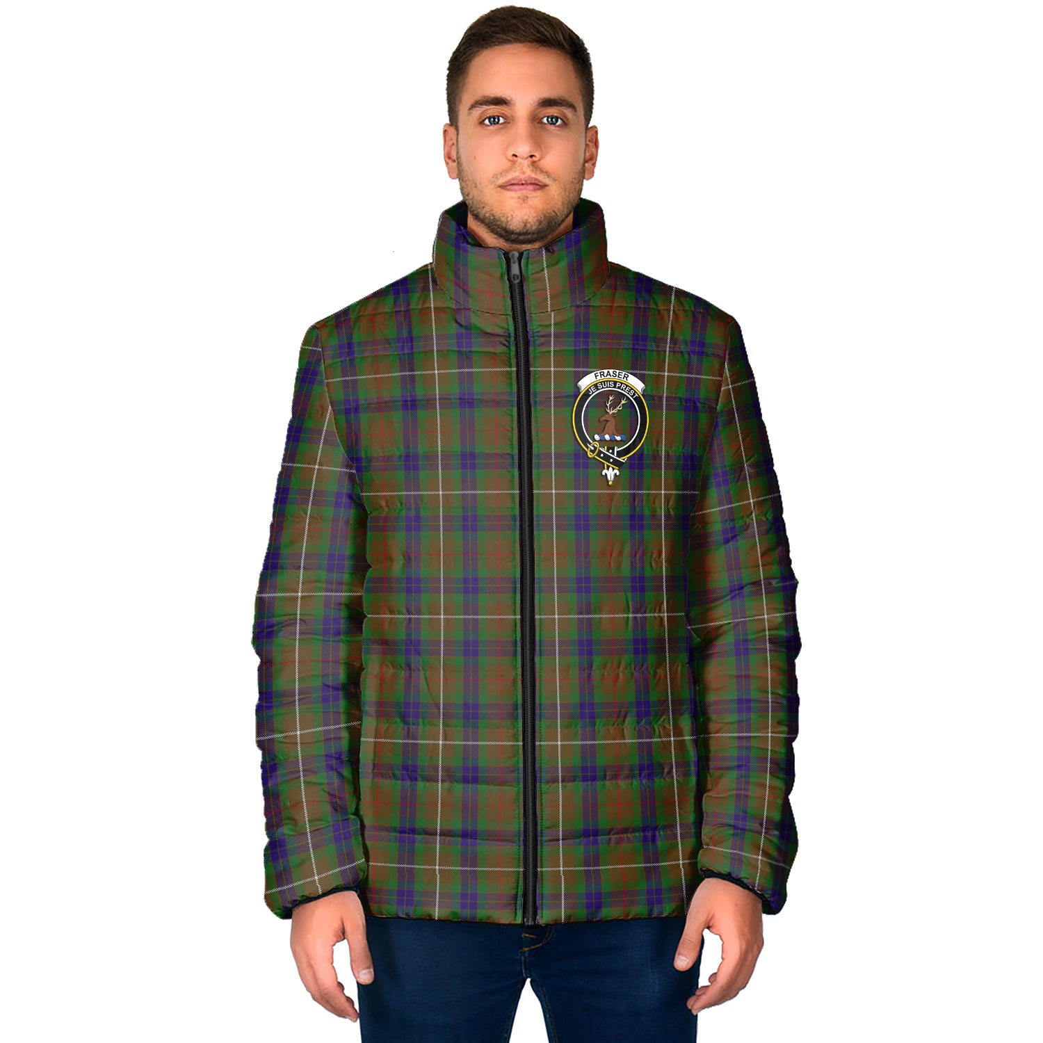 Fraser Hunting Tartan Padded Jacket with Family Crest - Tartan Vibes Clothing