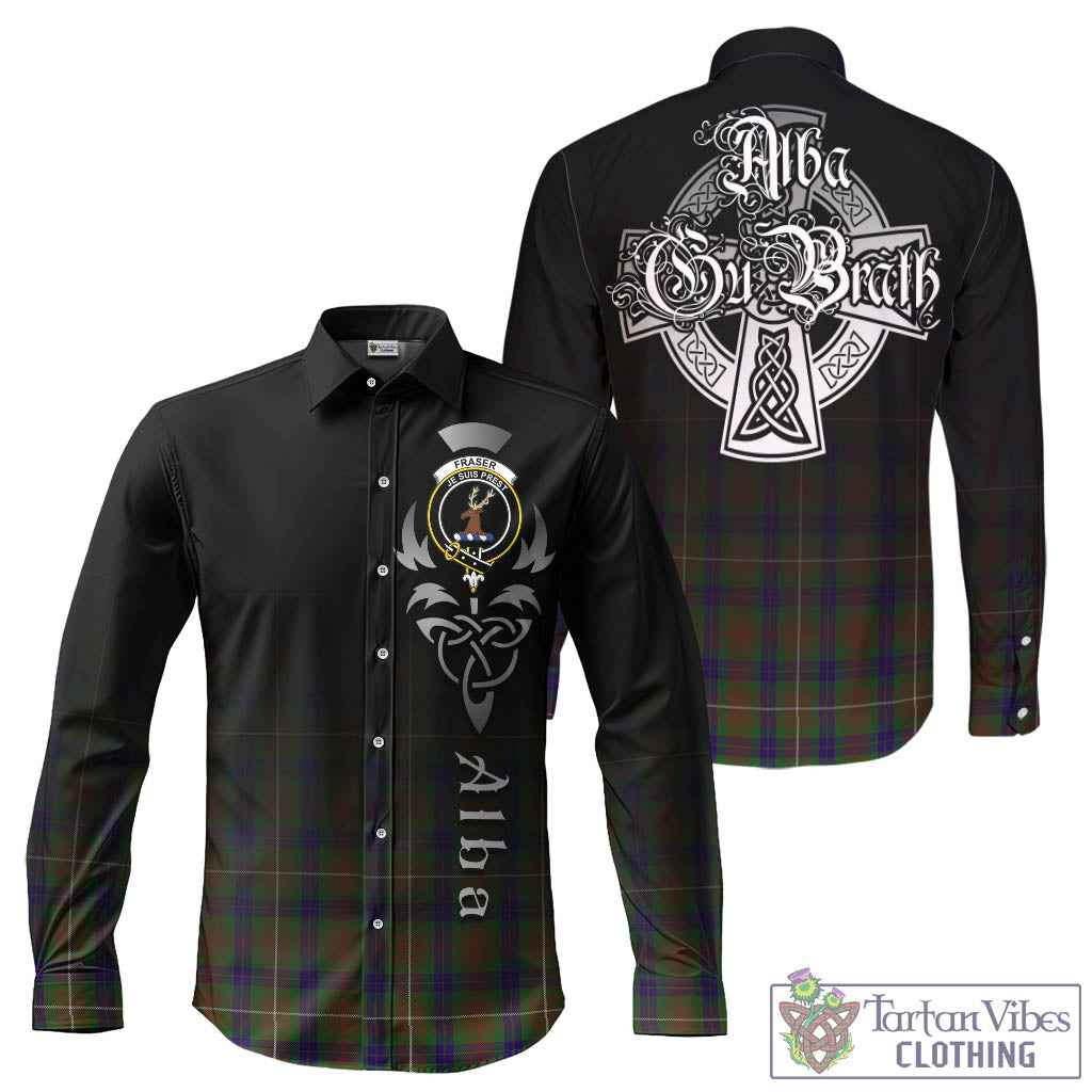 Tartan Vibes Clothing Fraser Hunting Tartan Long Sleeve Button Up Featuring Alba Gu Brath Family Crest Celtic Inspired