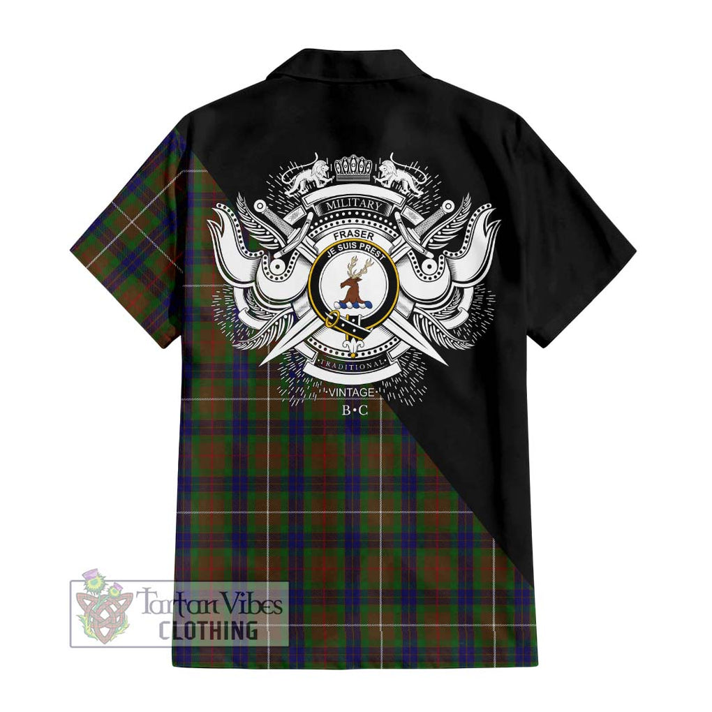 Fraser Hunting Tartan Short Sleeve Button Shirt with Family Crest and Military Logo Style - Tartanvibesclothing Shop