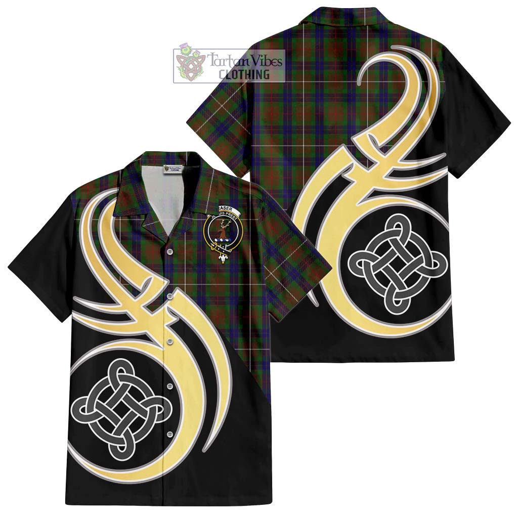 Fraser Hunting Tartan Short Sleeve Button Shirt with Family Crest and Celtic Symbol Style - Tartan Vibes Clothing