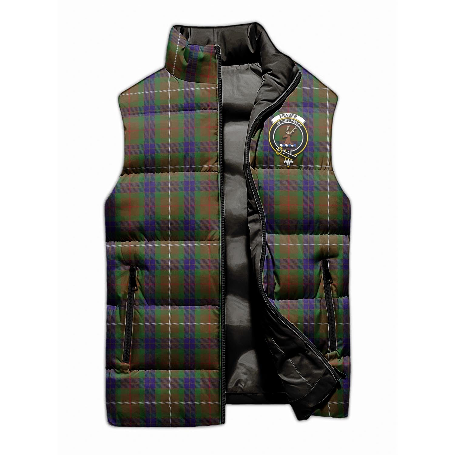 Fraser Hunting Tartan Sleeveless Puffer Jacket with Family Crest - Tartanvibesclothing