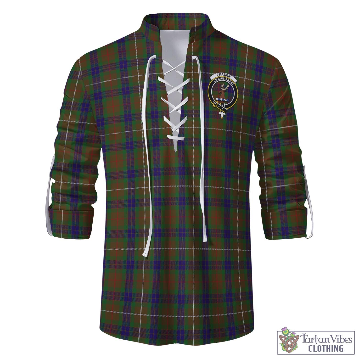 Tartan Vibes Clothing Fraser Hunting Tartan Men's Scottish Traditional Jacobite Ghillie Kilt Shirt with Family Crest