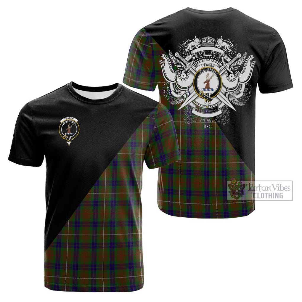 Tartan Vibes Clothing Fraser Hunting Tartan Cotton T-shirt with Family Crest and Military Logo Style