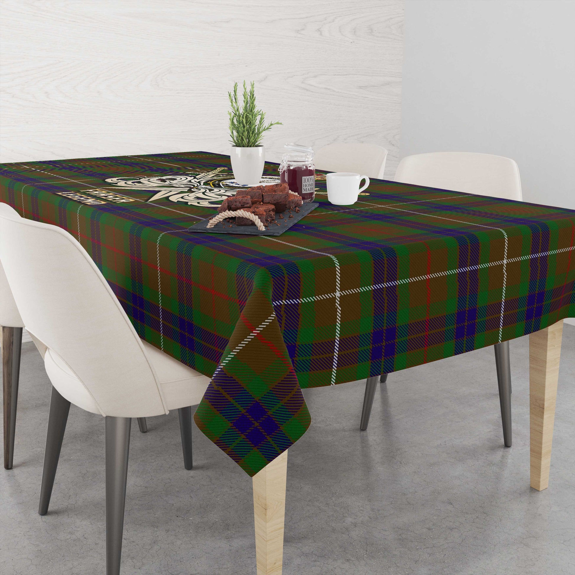 Tartan Vibes Clothing Fraser Hunting Tartan Tablecloth with Clan Crest and the Golden Sword of Courageous Legacy