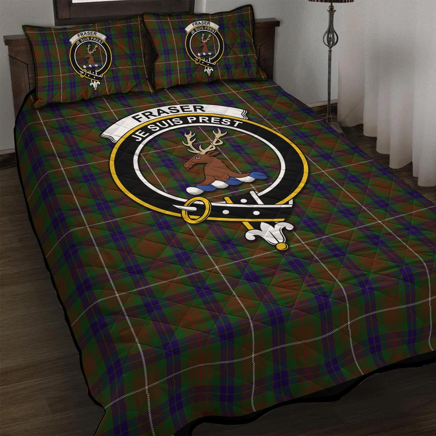 Fraser Hunting Tartan Quilt Bed Set with Family Crest - Tartan Vibes Clothing