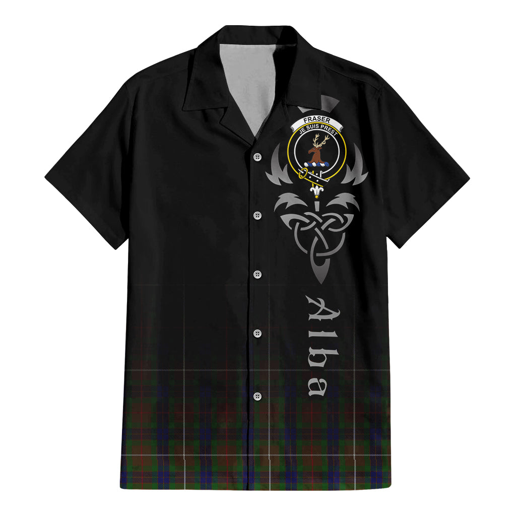 Tartan Vibes Clothing Fraser Hunting Tartan Short Sleeve Button Up Featuring Alba Gu Brath Family Crest Celtic Inspired