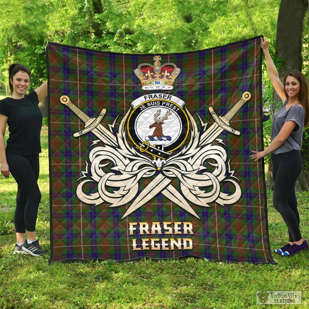 Tartan Vibes Clothing Fraser Hunting Tartan Quilt with Clan Crest and the Golden Sword of Courageous Legacy