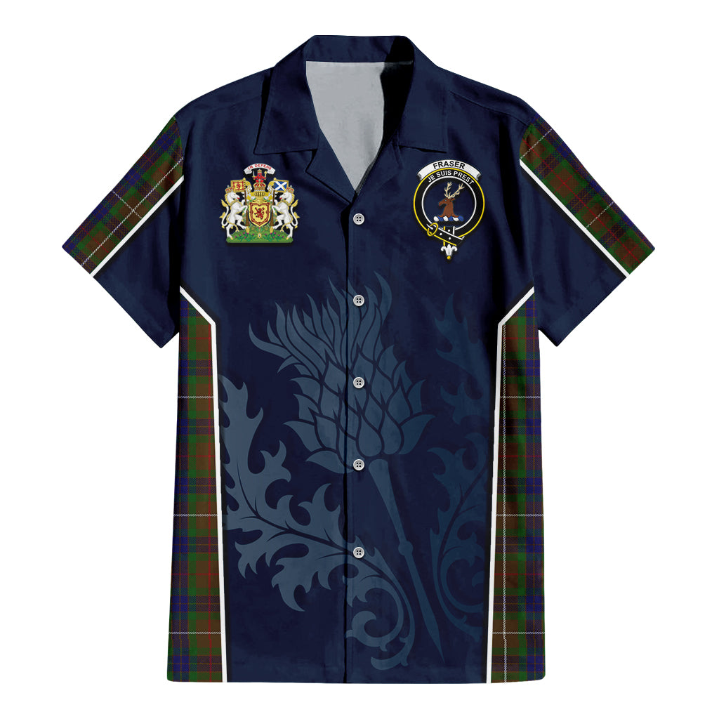 Tartan Vibes Clothing Fraser Hunting Tartan Short Sleeve Button Up Shirt with Family Crest and Scottish Thistle Vibes Sport Style