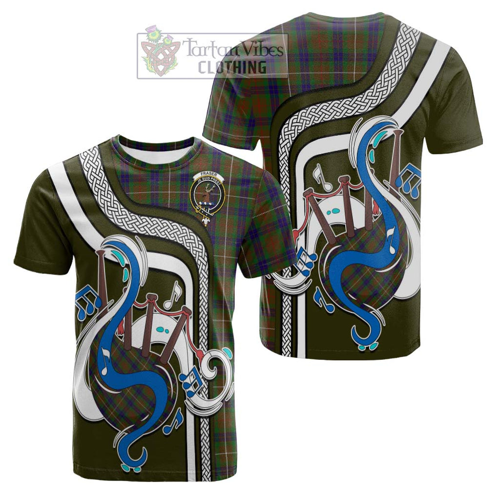 Tartan Vibes Clothing Fraser Hunting Tartan Cotton T-shirt with Epic Bagpipe Style