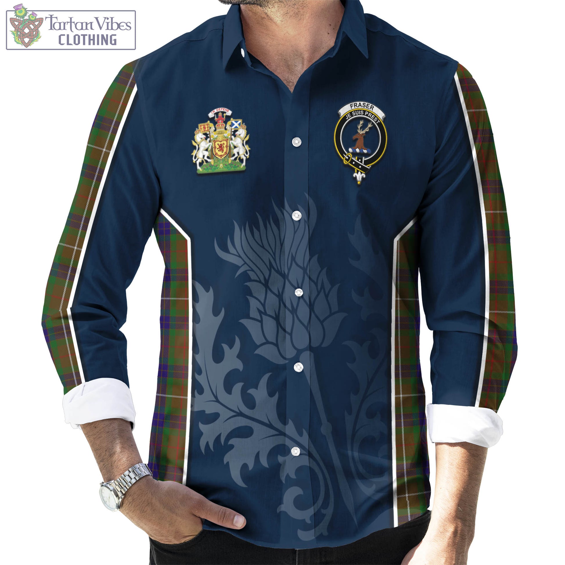 Tartan Vibes Clothing Fraser Hunting Tartan Long Sleeve Button Up Shirt with Family Crest and Scottish Thistle Vibes Sport Style