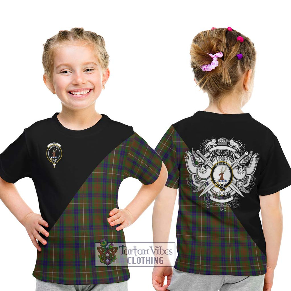 Fraser Hunting Tartan Kid T-Shirt with Family Crest and Military Logo Style - Tartanvibesclothing Shop