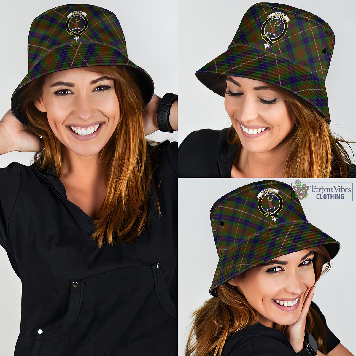 Tartan Vibes Clothing Fraser Hunting Tartan Bucket Hat with Family Crest