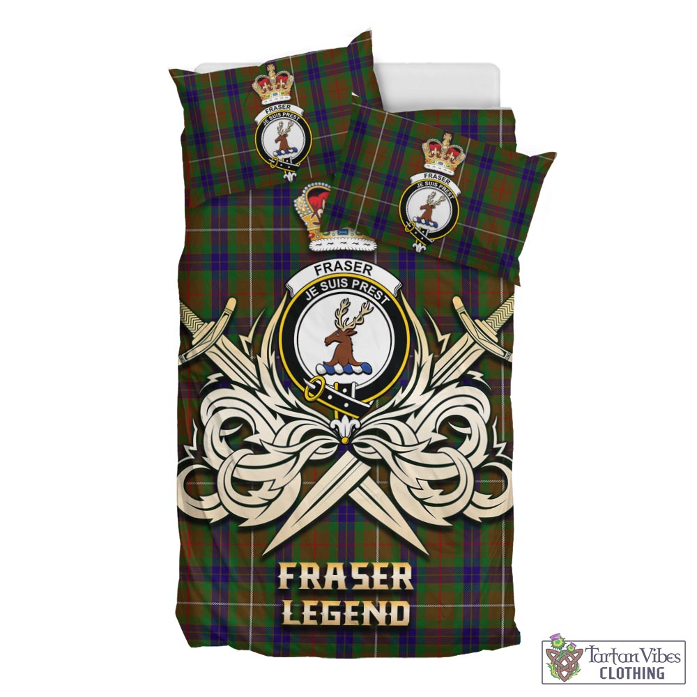 Tartan Vibes Clothing Fraser Hunting Tartan Bedding Set with Clan Crest and the Golden Sword of Courageous Legacy