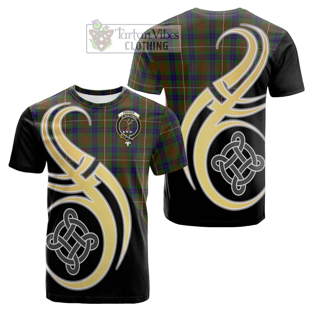 Tartan Vibes Clothing Fraser Hunting Tartan Cotton T-shirt with Family Crest and Celtic Symbol Style