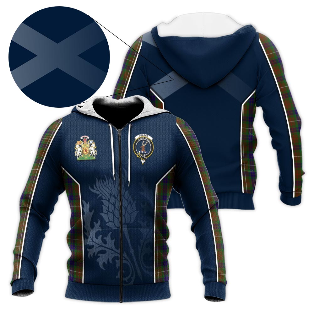 Tartan Vibes Clothing Fraser Hunting Tartan Knitted Hoodie with Family Crest and Scottish Thistle Vibes Sport Style