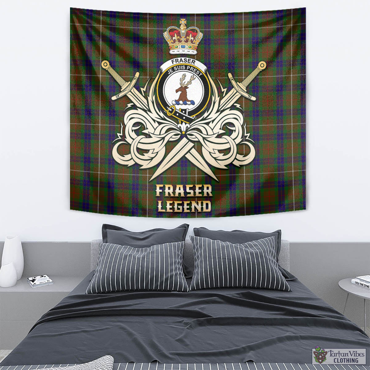 Tartan Vibes Clothing Fraser Hunting Tartan Tapestry with Clan Crest and the Golden Sword of Courageous Legacy