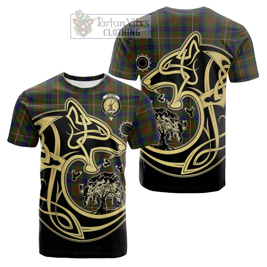 Tartan Vibes Clothing Fraser Hunting Tartan Cotton T-shirt with Family Crest Celtic Wolf Style