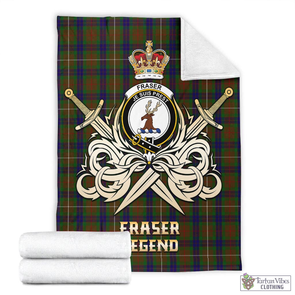 Tartan Vibes Clothing Fraser Hunting Tartan Blanket with Clan Crest and the Golden Sword of Courageous Legacy