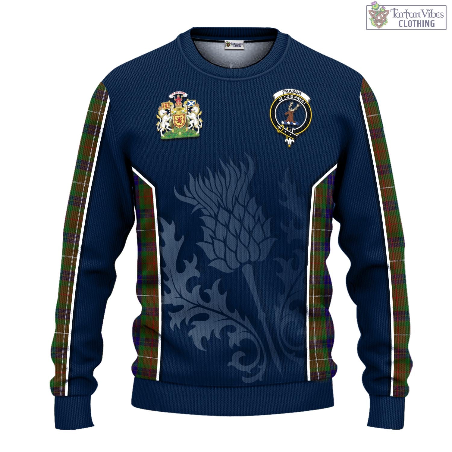 Tartan Vibes Clothing Fraser Hunting Tartan Knitted Sweatshirt with Family Crest and Scottish Thistle Vibes Sport Style