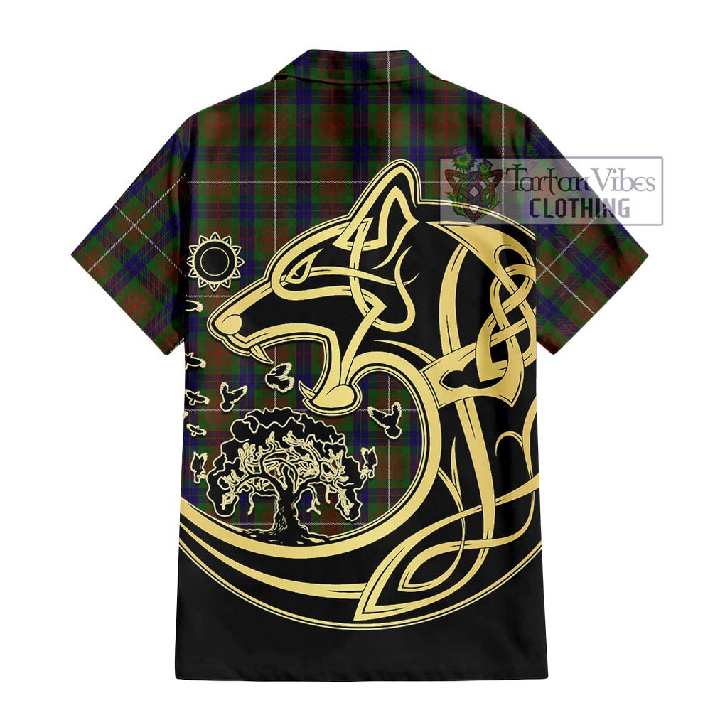 Fraser Hunting Tartan Short Sleeve Button Shirt with Family Crest Celtic Wolf Style - Tartan Vibes Clothing