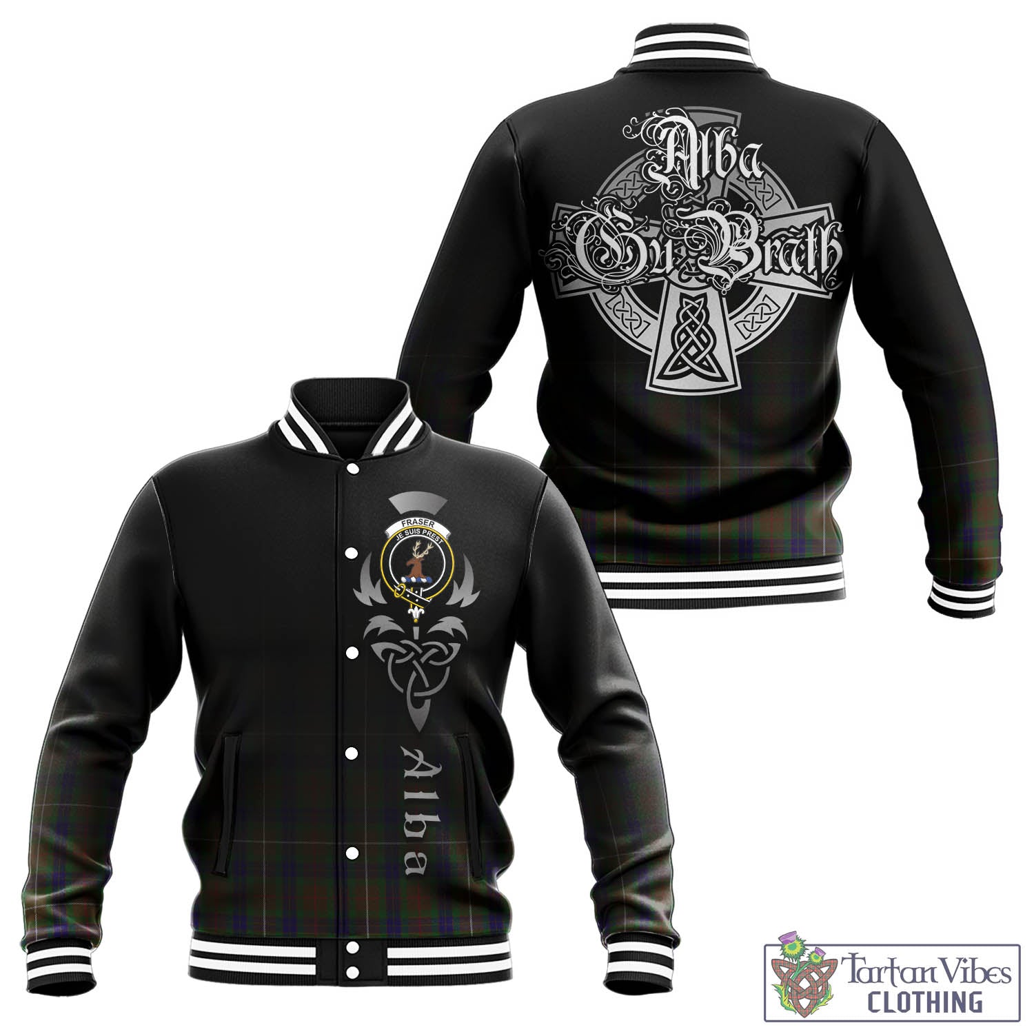 Tartan Vibes Clothing Fraser Hunting Tartan Baseball Jacket Featuring Alba Gu Brath Family Crest Celtic Inspired