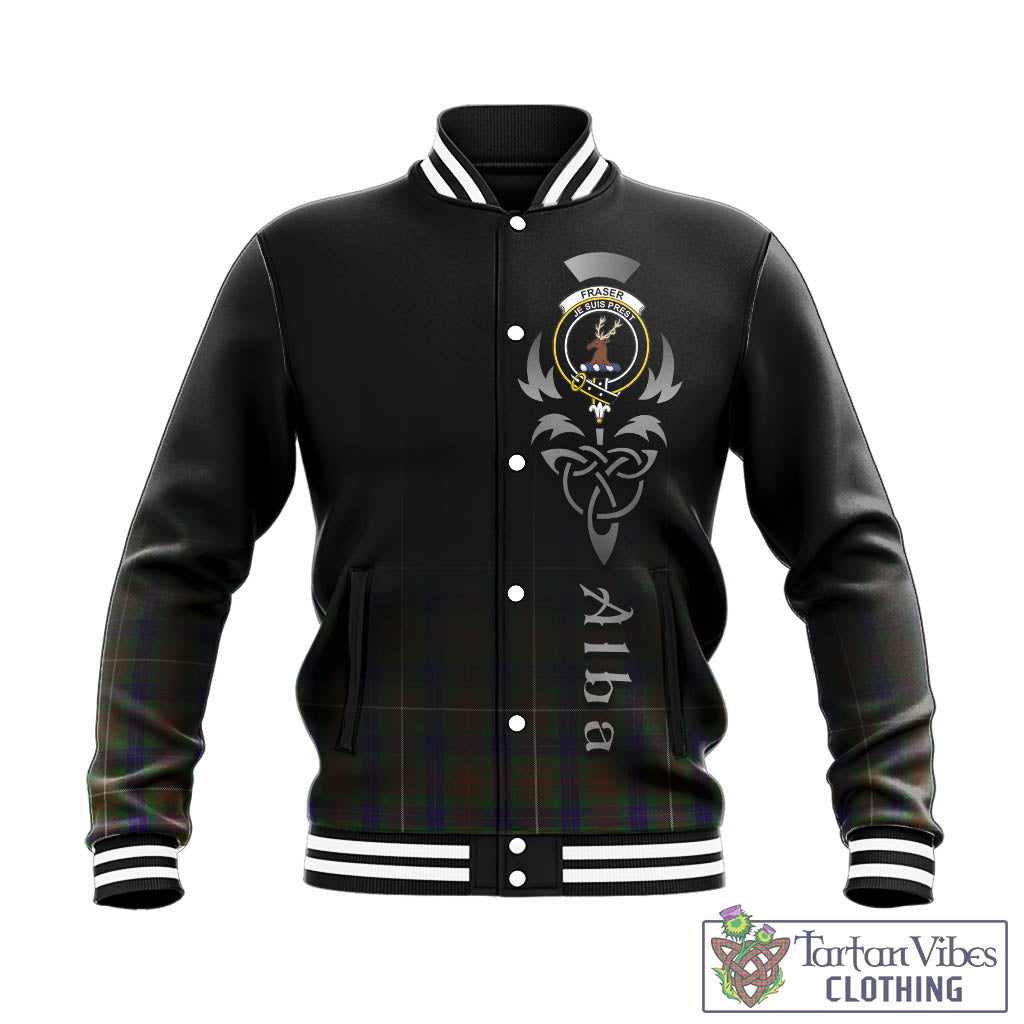 Tartan Vibes Clothing Fraser Hunting Tartan Baseball Jacket Featuring Alba Gu Brath Family Crest Celtic Inspired