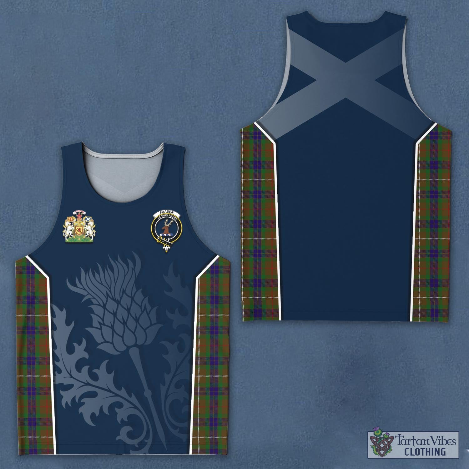 Tartan Vibes Clothing Fraser Hunting Tartan Men's Tanks Top with Family Crest and Scottish Thistle Vibes Sport Style