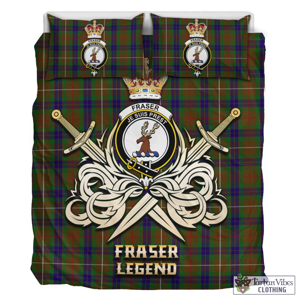 Tartan Vibes Clothing Fraser Hunting Tartan Bedding Set with Clan Crest and the Golden Sword of Courageous Legacy