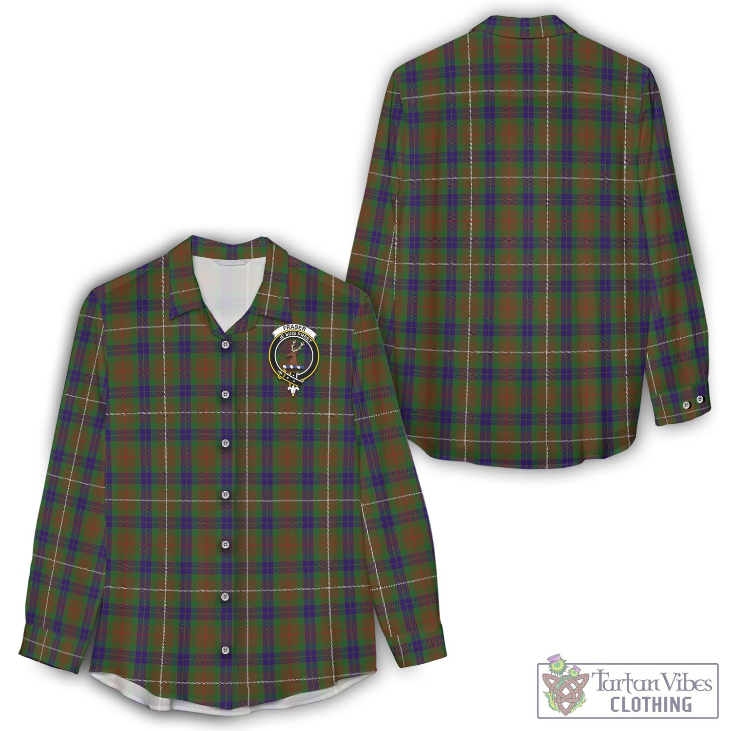 Tartan Vibes Clothing Fraser Hunting Tartan Womens Casual Shirt with Family Crest