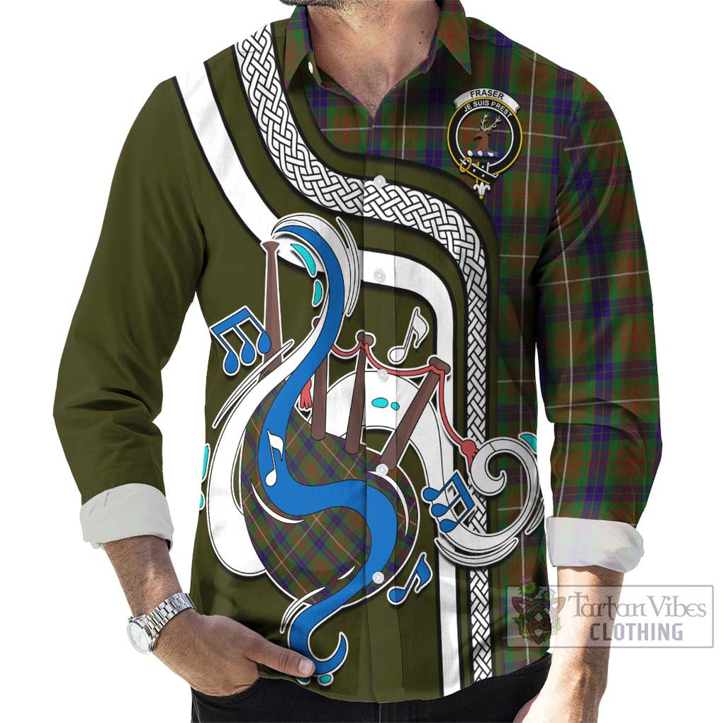 Fraser Hunting Tartan Long Sleeve Button Shirt with Epic Bagpipe Style - Tartanvibesclothing Shop