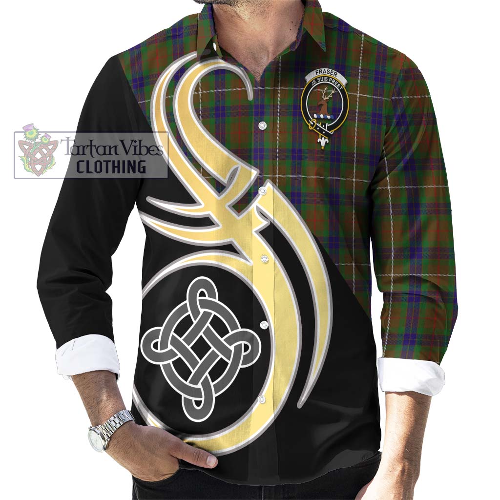 Fraser Hunting Tartan Long Sleeve Button Shirt with Family Crest and Celtic Symbol Style - Tartan Vibes Clothing