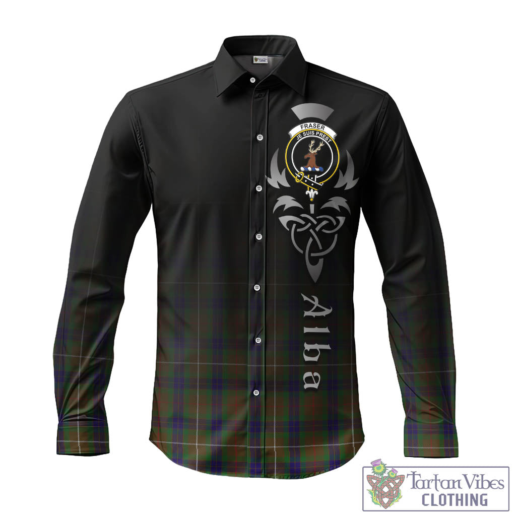 Tartan Vibes Clothing Fraser Hunting Tartan Long Sleeve Button Up Featuring Alba Gu Brath Family Crest Celtic Inspired