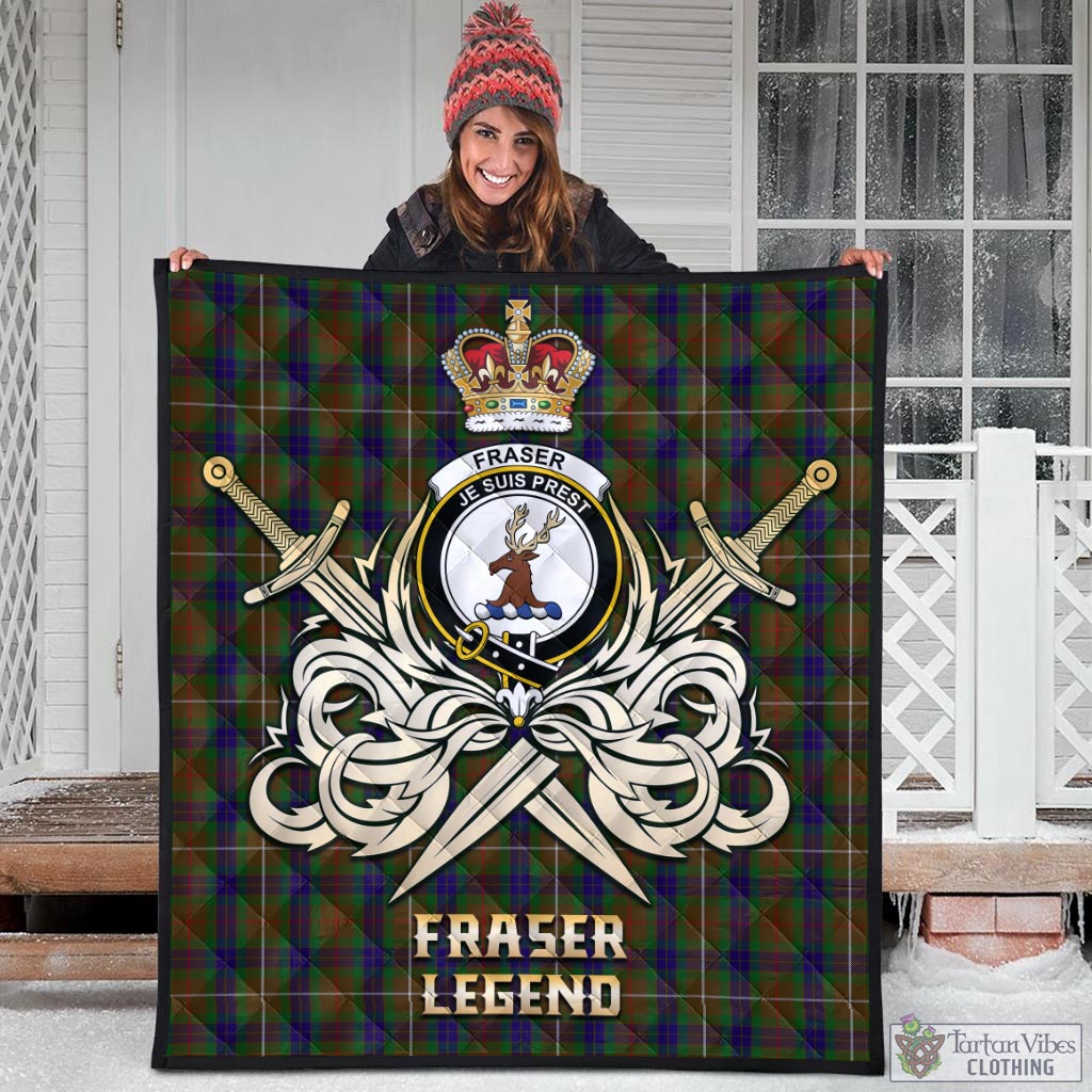 Tartan Vibes Clothing Fraser Hunting Tartan Quilt with Clan Crest and the Golden Sword of Courageous Legacy