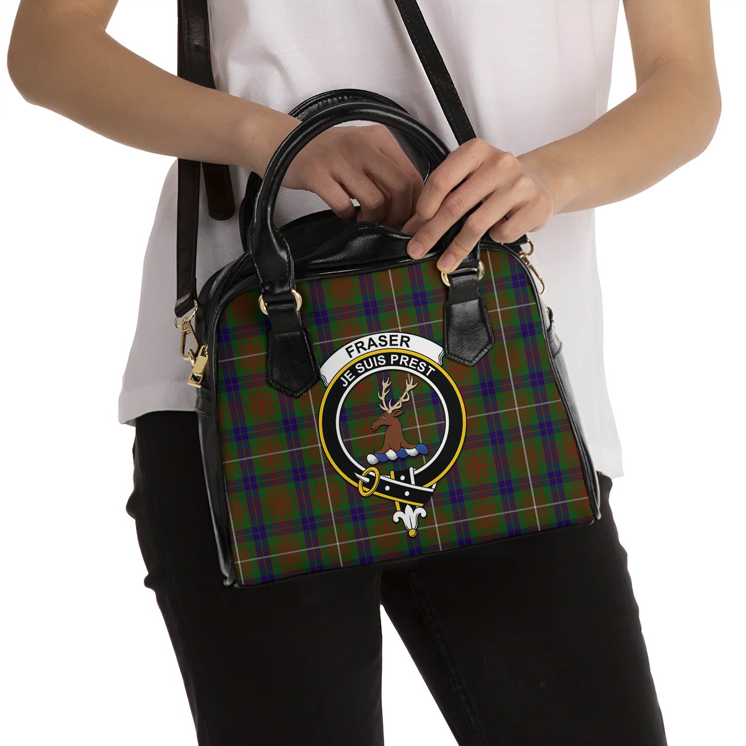 Fraser Hunting Tartan Shoulder Handbags with Family Crest - Tartanvibesclothing