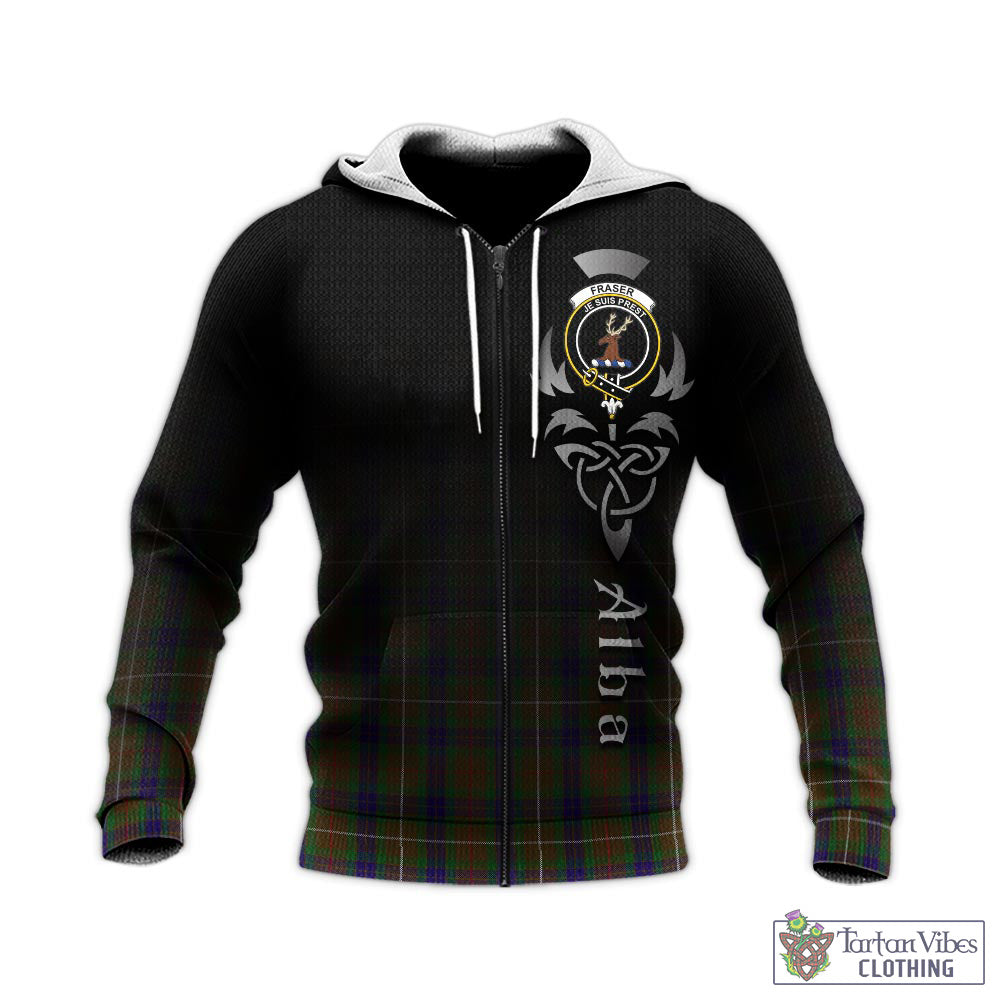 Tartan Vibes Clothing Fraser Hunting Tartan Knitted Hoodie Featuring Alba Gu Brath Family Crest Celtic Inspired