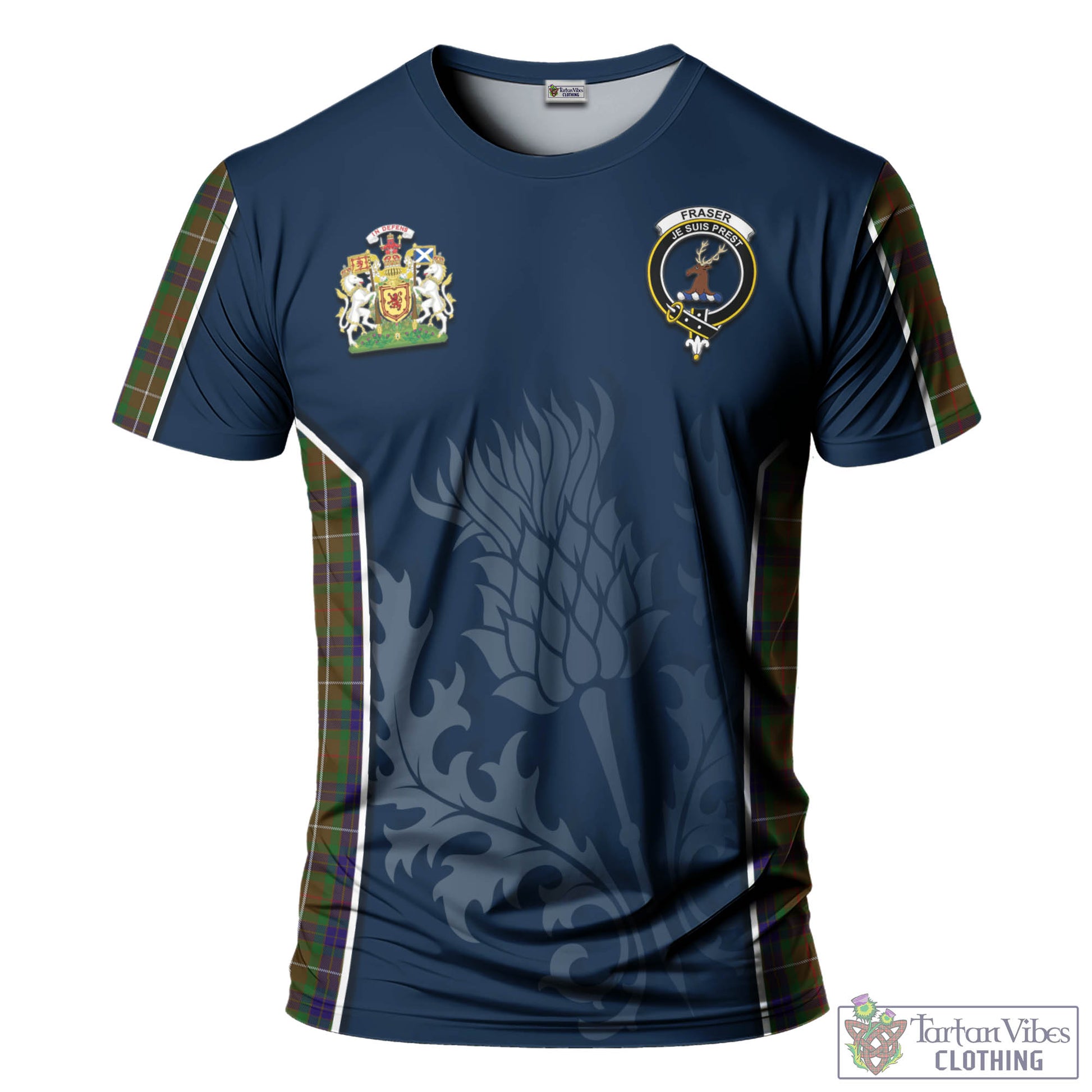 Tartan Vibes Clothing Fraser Hunting Tartan T-Shirt with Family Crest and Scottish Thistle Vibes Sport Style