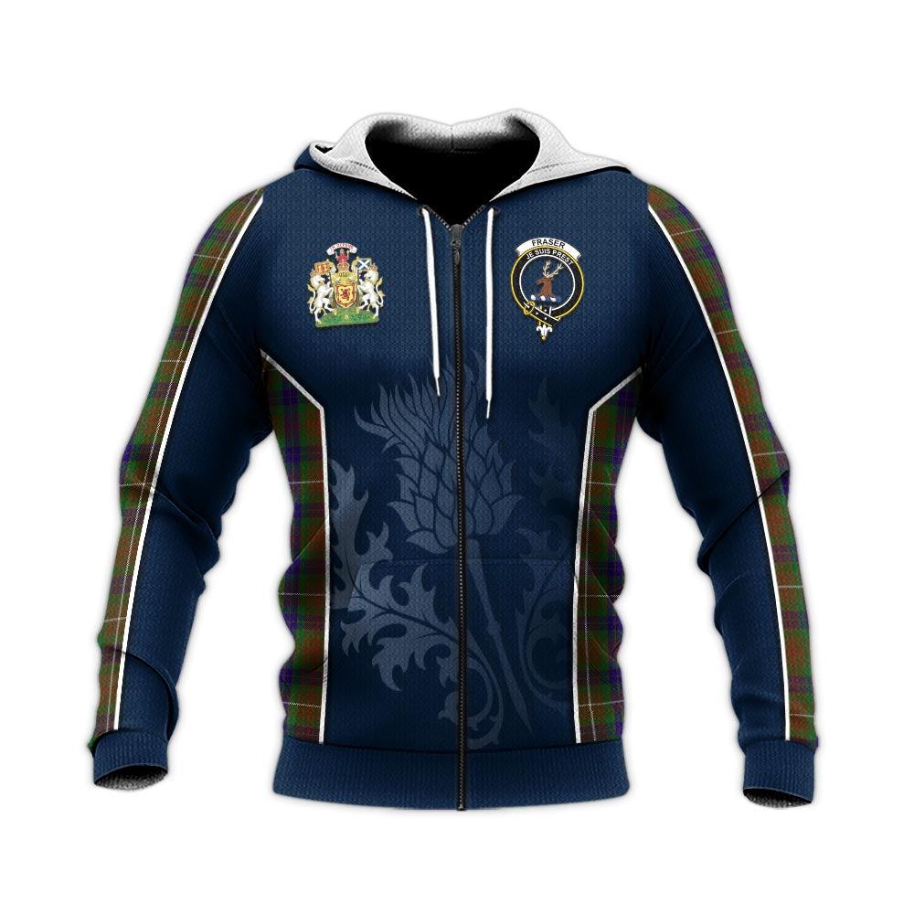 Tartan Vibes Clothing Fraser Hunting Tartan Knitted Hoodie with Family Crest and Scottish Thistle Vibes Sport Style