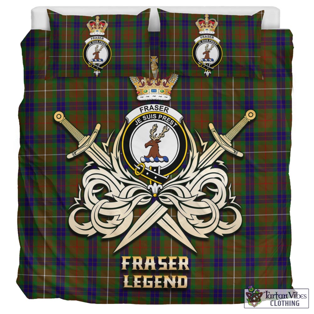 Tartan Vibes Clothing Fraser Hunting Tartan Bedding Set with Clan Crest and the Golden Sword of Courageous Legacy