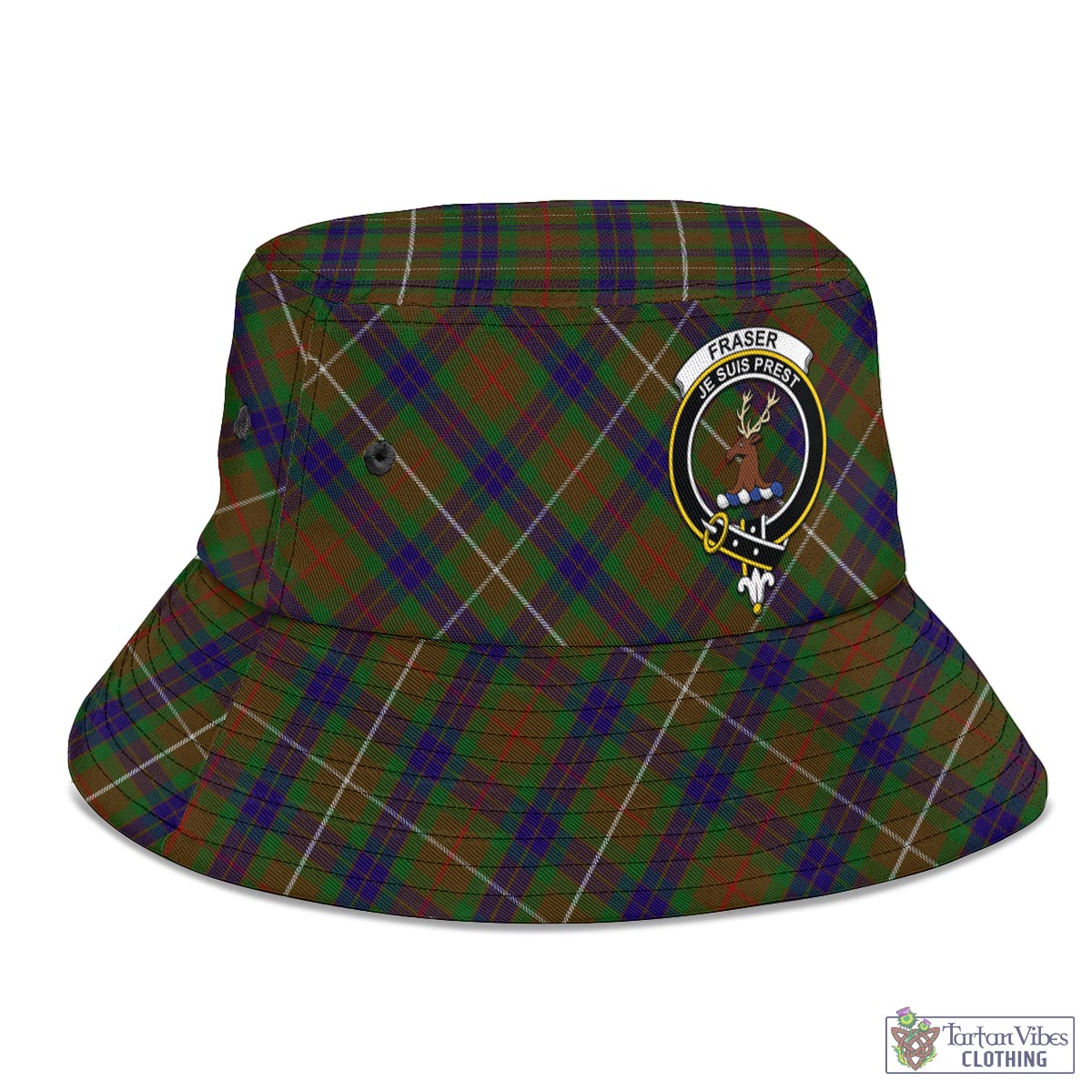 Tartan Vibes Clothing Fraser Hunting Tartan Bucket Hat with Family Crest