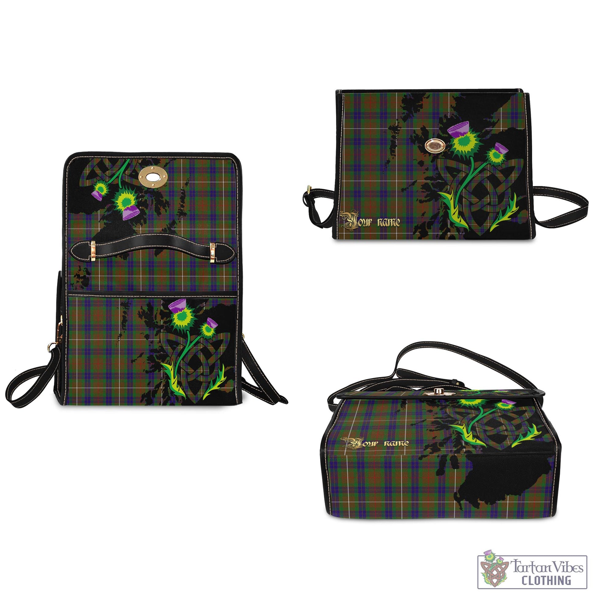 Tartan Vibes Clothing Fraser Hunting Tartan Waterproof Canvas Bag with Scotland Map and Thistle Celtic Accents